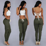 Spring Lace Up Waist Casual Women Pants Solid Pencil Pants Multi-Pockets Plus Size Straight Slim Fit Trousers