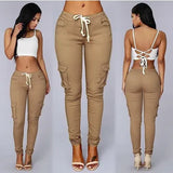 Spring Lace Up Waist Casual Women Pants Solid Pencil Pants Multi-Pockets Plus Size Straight Slim Fit Trousers