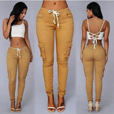 Spring Lace Up Waist Casual Women Pants Solid Pencil Pants Multi-Pockets Plus Size Straight Slim Fit Trousers