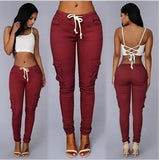 Spring Lace Up Waist Casual Women Pants Solid Pencil Pants Multi-Pockets Plus Size Straight Slim Fit Trousers