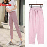 Womens Spring Summer Pants Cotton Linen Solid Elastic waist Harem Trousers Soft thin Female ladys trousers S-XXL 211112