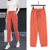 Womens Spring Summer Pants Cotton Linen Solid Elastic waist Harem Trousers Soft thin Female ladys trousers S-XXL 211112