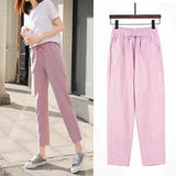 Womens Spring Summer Pants Cotton Linen Solid Elastic waist Harem Trousers Soft thin Female ladys trousers S-XXL 211112