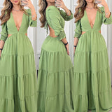 Namcoverse Summer Pure Color Temperament Elegant Sexy V Neck Hollow Maxi Dress