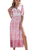 Namcoverse Women's Boho Swing Elegant Slit V Neck Lace Floral Party Maxi Dress