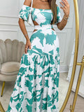 Namcoverse Elegant Sexy Off-Line Neck Backless Hollow Fashion Print Lace Maxi Dress