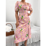 Namcoverse Holiday Summer Printed A-Line Design Square Neck Puff Sleeve High Waist Fashion Maxi Dress