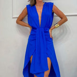 Namcoverse Sexy Sleeveless V Neck Clipped Ruffle Office Party Elegant Solid Color A-Line Maxi Dress