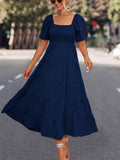 Namcoverse Elegant Fashion Square Neck Short Puff Sleeve Casual Maxi Dress