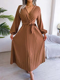 Namcoverse Elegant Spring Pleated Long Sleeve V Neck Maxi Dress