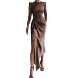 Namcoverse Long Sleeve Slit Hem Skinny O Neck Solid Color Party Maxi Dress