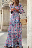 Namcoverse Elegant Bohemian Print V-Neck Long Sleeve Tie Fashion Maxi Dress