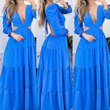 Namcoverse Summer Pure Color Temperament Elegant Sexy V Neck Hollow Maxi Dress