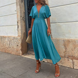 Namcoverse Sexy V Neck High Waist Party Solid Color A-Line Backless Hollow Out Office Maxi Dress