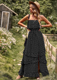 Namcoverse Casual One Shoulder Polka Dot Vintage Split Sexy Long Boho Dress