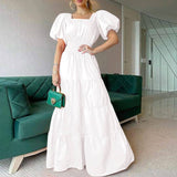 Namcoverse Fashion Solid Color Elegant Button Summer Bohemian Puff Sleeve Beach Party Maxi Dress