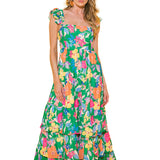 Namcoverse Women's Fashion Summer Printed Barrel Neck Waist Neck Party Elegant Pleated Maxi Dress