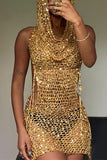 namcoverse Sequined Decor Hooded Backless Crochet Mini Dress