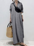 Namcoverse Summer Fashion Lapel Temperament Striped Loose Cotton Linen Cardigan Shirt Maxi Dress