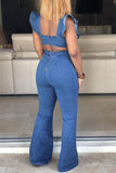 namcoverse Solid Color Sweet Ruffle Shoulder Denim Jumpsuit