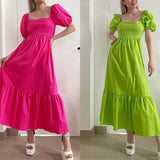 Namcoverse Summer Women Fashion Elegant Solid Color Pleated Elegant Ruffle Maxi Dress