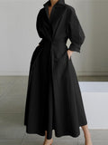 Namcoverse Summer Women's Fashion Solid Color Retro Lapel Shirt Long Sleeve Swing Maxi Dress