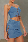 namcoverse Solid Color Smart Strappy Denim Skirt Suit