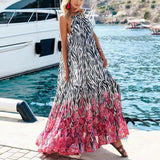 Namcoverse Elegant Casual Sleeveless Beach Print Loose O Neck Tie Party Maxi Dress