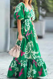 Namcoverse Temperament Print V Neck Bubble Sleeve Pleated Waist Tucked Big Swing Maxi Dress