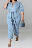 namcoverse Solid Color Casual Zipper Denim Jumpsuit With Belt