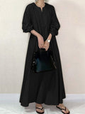 Namcoverse Summer Fashion Loose Fit Long Sleeve Solid Color Round Neck Maxi Dress