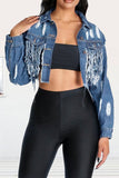 namcoverse Ripped Stylish Tassel Hem Denim Jacket