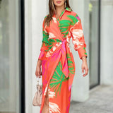 Namcoverse Summer Fashion Print Lapel Tie Party Pleated Maxi Dress