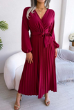 Namcoverse Elegant Spring Pleated Long Sleeve V Neck Maxi Dress