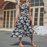 Namcoverse Fashion Casual Sleeveless Open Back Sexy Print Black Maxi Dress