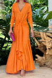 Namcoverse Elegant Solid Color V Neck Ruffle Waist Long Sleeve Maxi Dress