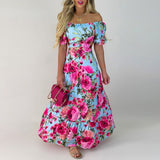 Namcoverse Casual Slash Collar All Over Print Floral Off Shoulder Maxi A-line Maxi Dress