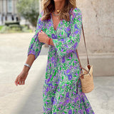 Namcoverse Elegant Bohemian Print V-Neck Long Sleeve Tie Fashion Maxi Dress