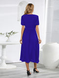 Namcoverse Summer V-neck Puff Sleeve Pleated Pure Color Slim Midi Dress