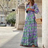 Namcoverse Elegant Bohemian Print V-Neck Long Sleeve Tie Fashion Maxi Dress