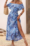 Namcoverse Trendy Holiday Ruffle Print Slant Neck Vintage Loose Off Shoulder Lace Up Boho Maxi Dress