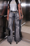 namcoverse Solid Color High Waist Boyish Tassel Jeans