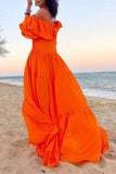 Namcoverse Fashion Puff Sleeve Pleated Solid Color Elegant Off Shoulder Beach Party Maxi Dress