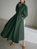 Namcoverse Summer Women's Fashion Solid Color Retro Lapel Shirt Long Sleeve Swing Maxi Dress