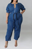 namcoverse Solid Color Casual Zipper Denim Jumpsuit With Belt