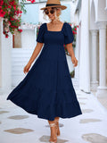 Namcoverse Elegant Square Neck Solid Short Puff Sleeve Maxi Dress