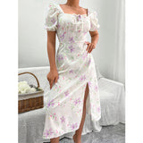 Namcoverse Holiday Summer Printed A-Line Design Square Neck Puff Sleeve High Waist Fashion Maxi Dress