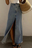 namcoverse High Waist Slit Front Distressed Denim Skirt