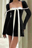 namcoverse Square Neck Bow Tie Striped Long Sleeve Mini Dress