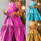 Namcoverse Fashion Sexy Solid Color Sleeveless O Neck Bow Elegant Prom Maxi Dress